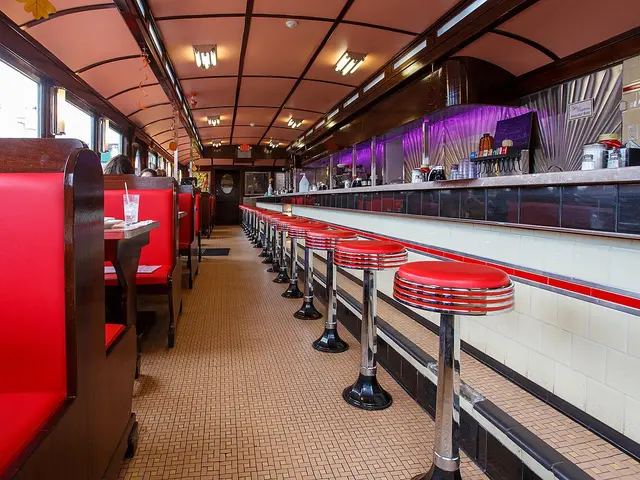The interior of a vintage diner car, showing the counter and booths.
