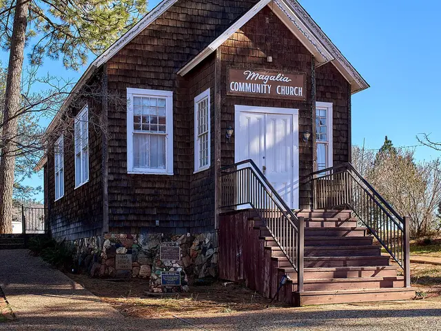 Magalia Community Church in California, a wood-shingled chapel with a tall steeple topped by a cross.
