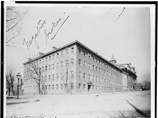 A historical exterior photograph of a large brick preparatory school building, with no people visible.