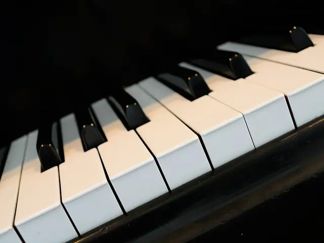 A close-up photo of a piano keyboard, with no people visible.